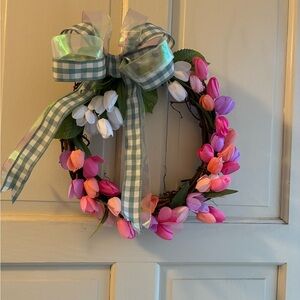 Handmade Spring Floral Wreath wPink White and Purple Tulips wa green gingham bow